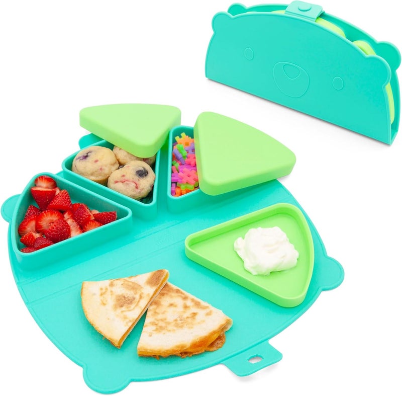 321 Grow Silicone On-The-Go Snack Mat – Foldable Reusable Placemat with 3 Compartments and Lids – Travel-Friendly Baby and Toddler Snack Plate – Dishwasher Safe (Aqua) - Image 1